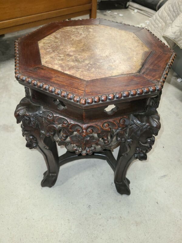 Chinese antique hand carved table with pentagon top and pentagon marble insert.