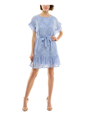 Женское светло-голубое короткое платье на поясе с ИЗУМРУДНЫМ пломбиром M