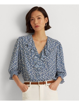 

LAUREN RALPH LAUREN Женские синие манжеты, рубашка с хвостиком и пуговицами, топ Petites P \ XS, Синий