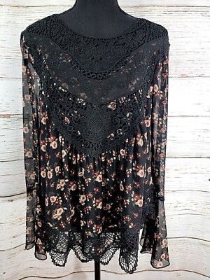 Self Esteem Black Floral Sheer Lace Trim Long Bell Sleeve Flowy Boho Top Size L