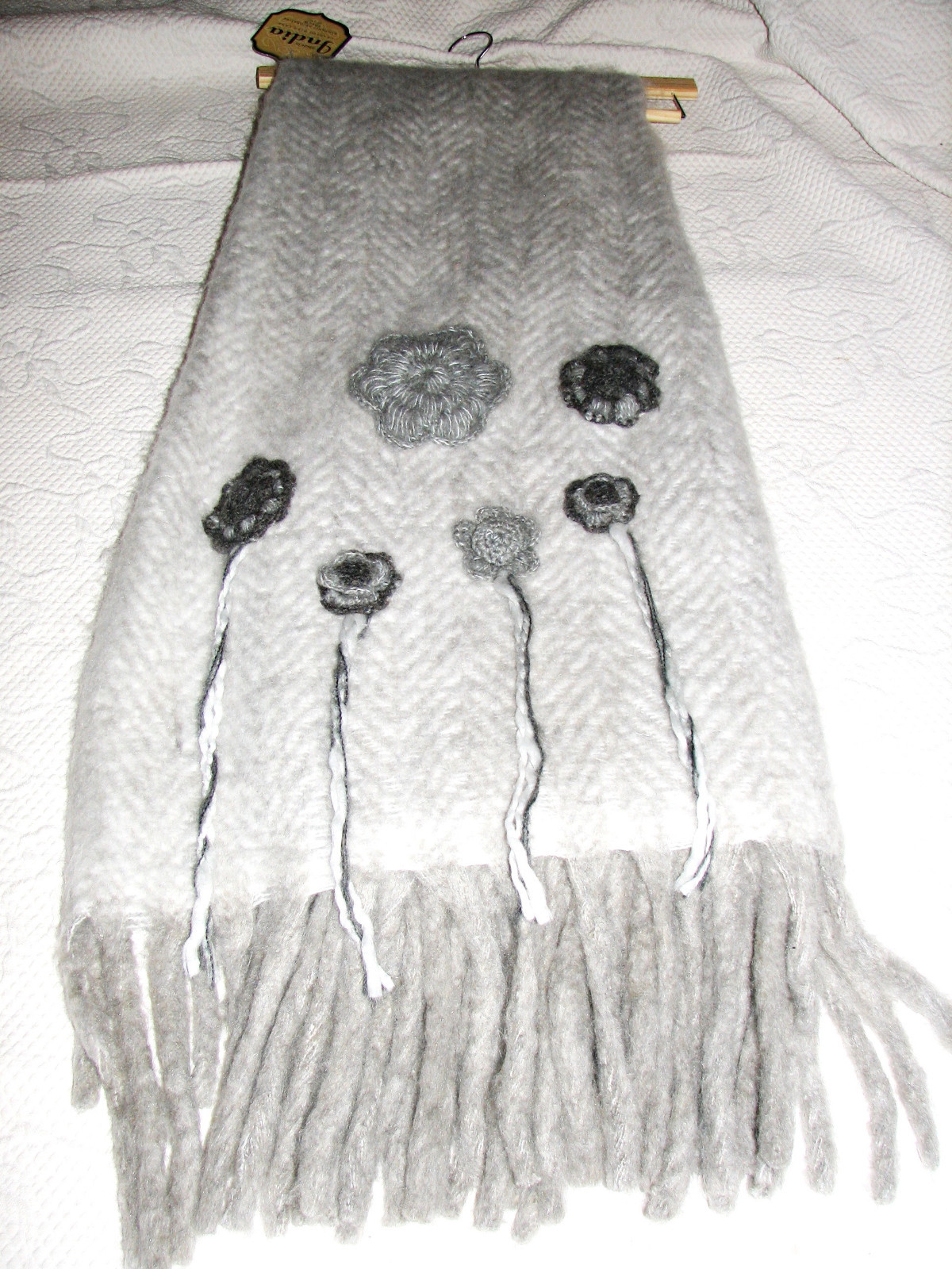 Gray Herringbone Luxury Wool Blend Throw Crochet Detail & Fringe Handknit India