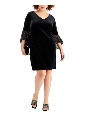CONNECTED APPAREL Womens Black Velvet Pullover 3/4 Sleeve Sheath Dress Plus 24W