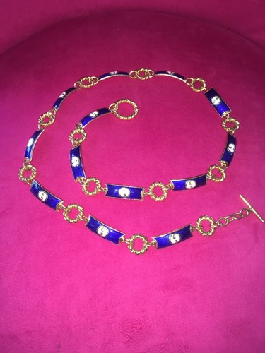 Vintage 70's Gucci Goldtone with White Blue Metal Link Belt