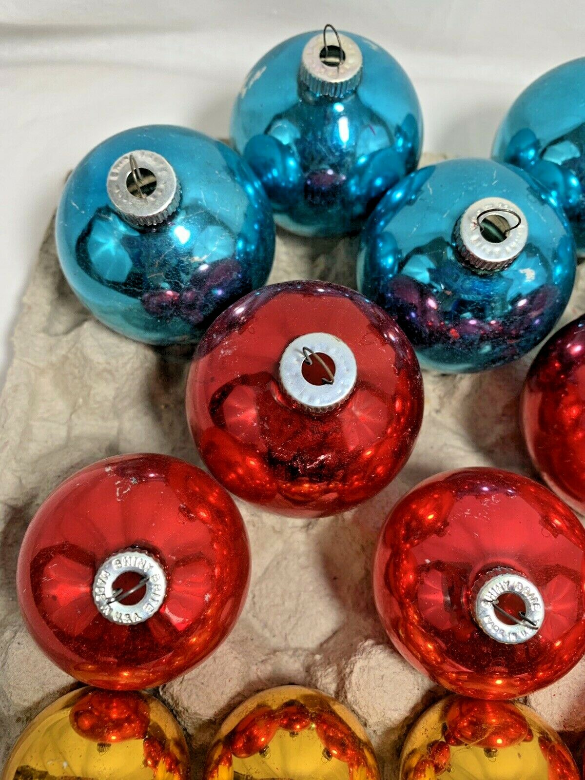 Vintage Mercury Glass Shiny Brite Christmas Ornaments Blue Red Yellow Lot of 18