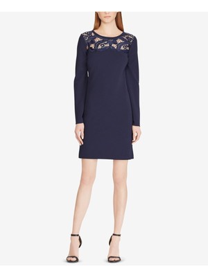 

RALPH LAUREN Женское темно-синее мини-платье прямого кроя с длинными рукавами и круглым вырезом Petites, Navy