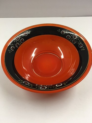 Vintage Art Deco Bowl Orange & Black W/ Floral Design Painted Unsigned Enamel
