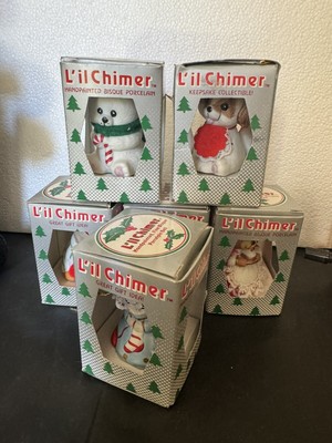 Jasco L'il Chimers Ornaments Bisque Porcelain Bells Christmas Cat Mouse Dog +