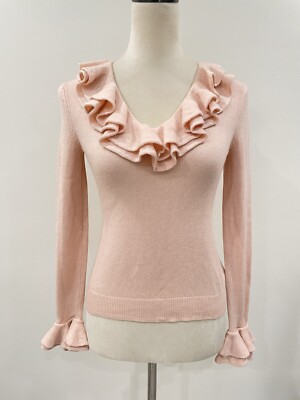 Lauren Ralph Lauren Silk-Cashmere Ruffle Neck Pink Sweater Petite SMALL