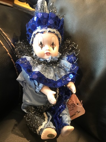 HARLEQUIN PORCELAIN MARDI GRAS CLOWN Baby DOLL BLUE SEQUENCE 11