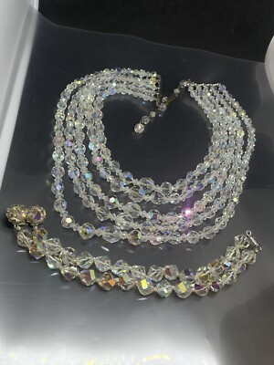 VTG Aurora Borealis GLASS Crystals Beaded Chocker Necklace Bracelet Set READ