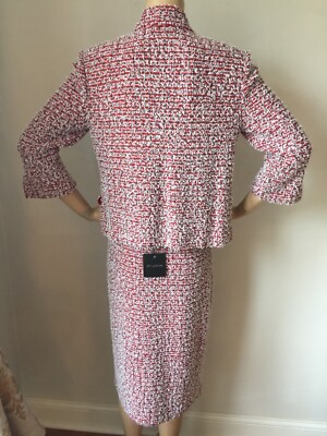 Pre-owned St John Knit Size 12 Skirt Suit Venetian Red & White Tweed Wool Rayon