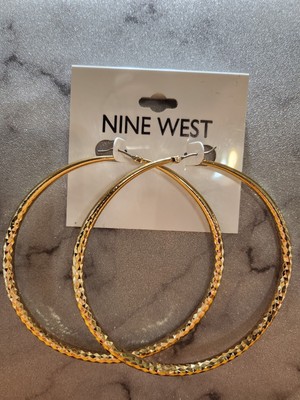 Nine West Gold Tone Faceted Texture Click it Hoop Earrings 3'' New