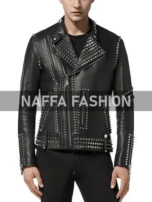 Men's Classic Motorcycle Black Genuine Leather Biker Studded Jacket
