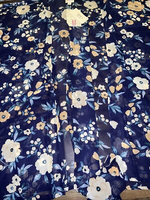 LuLaRoe Daphne Kimono Jacket Tie Sheer 10/12 Medium M   Blue White Floral Peony