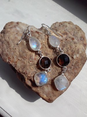 Moonstone & Smoky Quartz REAL 925 Sterling Silver Dangle Pierced Earrings - 5.8g