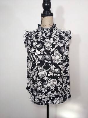 NWT Ann Taylor LOFT Vine Ruffle Henley Shell Top Blouse Black White S