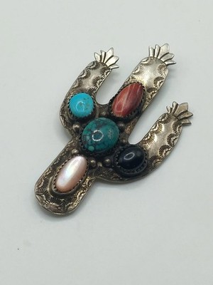 Vtg Richard Begay Navajo Brooch Pin Pendant Stone Sterling Silver Cactus  