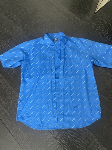 Authentic Balenciaga Black Button-Down Blue Logo Dress Shirt