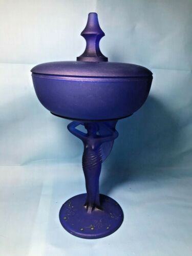 Very Scarce Art Deco Nude Lady Satin Glass Pedestal Powder Jar Box - Cobalt Blue