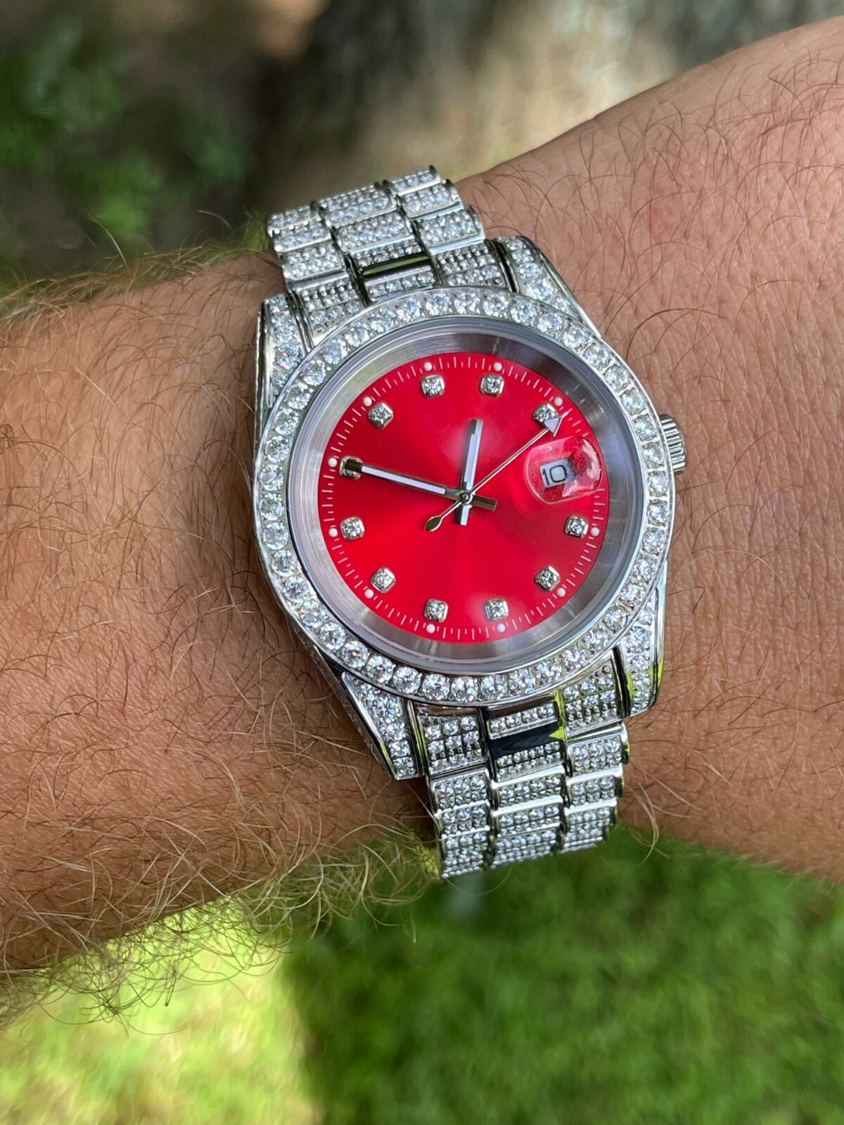 Pre-owned Harlembling Men Red Dial Presidential Real Ss 41mm Watch Fully Iced 12ct Flooded Out Cz