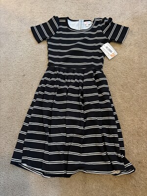 LULAROE Amelia Noir Dress Womens XS Extra Small Solid Black white B/W striped
