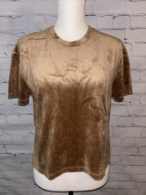 NWT Monrow Velour Crewneck Brown Crop Short Sleeve Top Sz Large Neutral Stretch