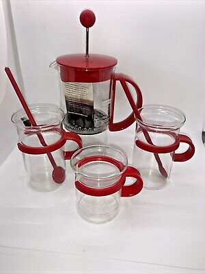 (6) pc RED Bodum Bistro French Coffee Press set w/ (3) Picard mugs & (2) spoons 