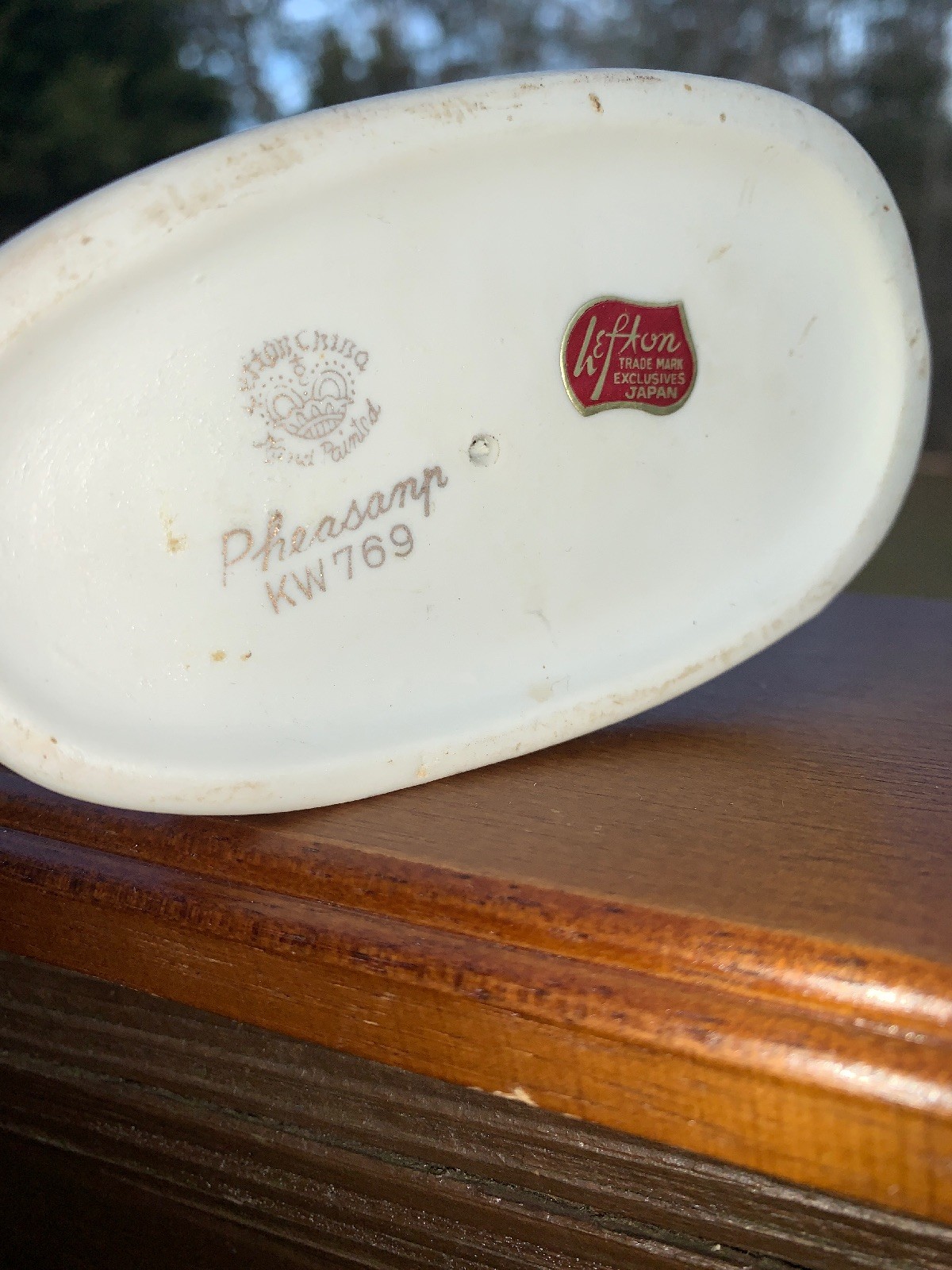 Lefton Vintage Bisque Porcelain RING TAILED PHEASANT & Wood Stand Statue 6.5 X 8