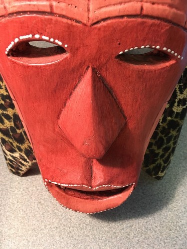 Vintage African Carved Wood Tribal Mask Has Cloth On It