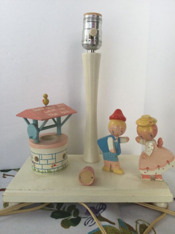 Vintage 70’s Wooden Child’s Lamp Nightlight Nursery Plastics Jack & Jill Rhyme