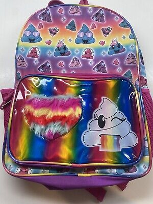 Emoji Rainbow Poop Backpack School Book Bag Fuzzy Fur Heart Purple Full size 16''