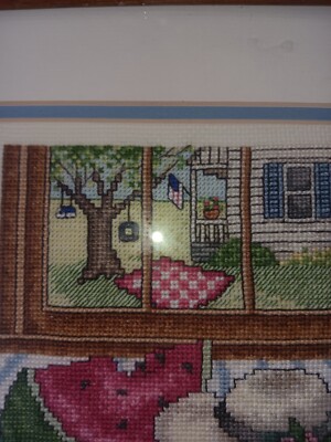 Pretty window view completed, framed, Vintage Embroidered picture