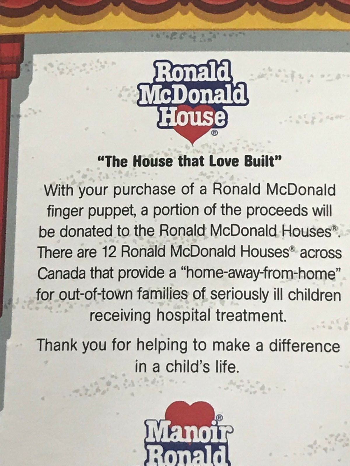 Ronald McDonald Finger Puppet 2003 “The House That Love Built”