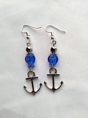 Blue Faceted Bead Anchor Earrings Silver Tone Nautical Sailing Boats Ocean Ship