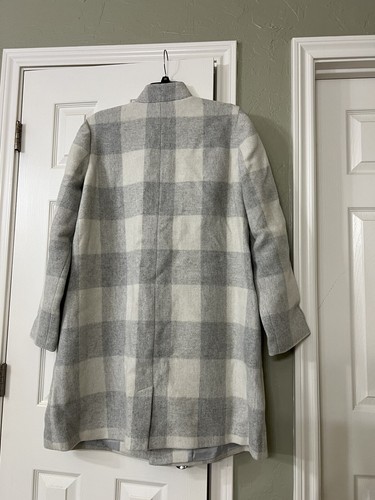 Pre-owned Eileen Fisher Xl  Darkpearl Wool Blend Multi Check Notch Collar Calf Len Coat In Gray