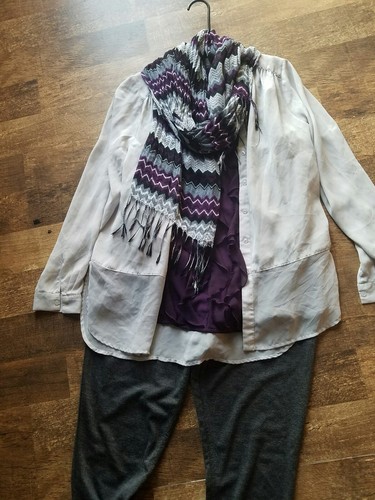 Women's huge lot outfit Large scarf grey jeggings hi-lo top ruffle purple cato