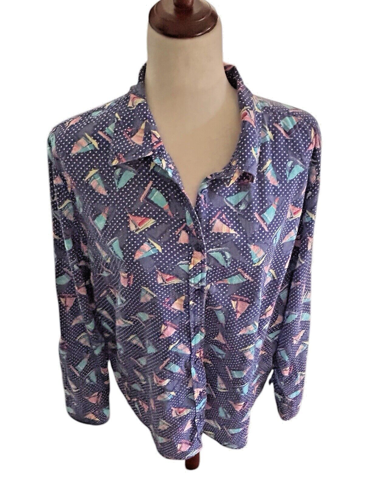 Talbots Blouse Women XL Blue Sailboat Nautical Button Light Cotton Long Sleeve