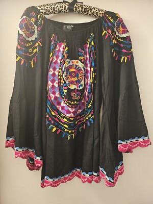 THINGS FROM PALM SPRINGS EMBROIDERED BLACK BLOUSE ONE SIZE NWT