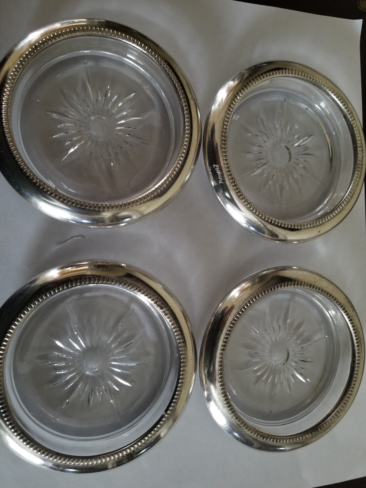 Vintage Pressed Glass Coasters Starburst Pattern Silver Plate Trim Set of Four