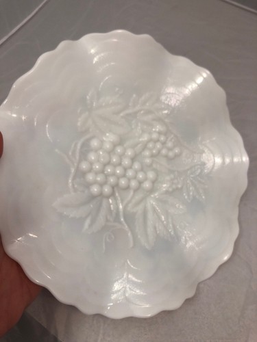 Vintage Imperial White Milk Glass Grapes Leaf Pattern Crimped Low Footed Plate