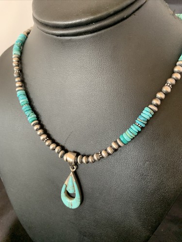 Pre-owned Handmade Womens Blue Turquoise Inlay Pendant Navajo Pearls Sterling Silver Necklace 12501