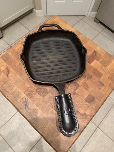 CUSTOM BUILT Leather Cast Iron Skillet Holder Handle Cover Your Choice Initial