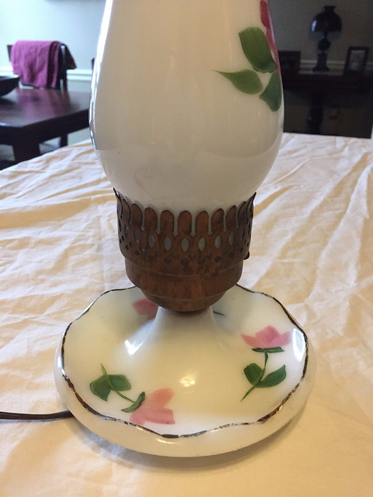 Vintage Milk Glass Hurricane Floral Table Lamp Bed Light Hand Painted White Pink