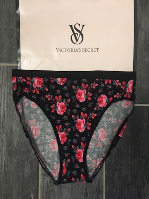 NEW Victoria s Secret Cotton High Leg Brief Panty Black Floral Size S Soft
