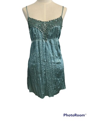 NWT REFUGE Y2K teal blue crinkle satin sequin dress size Medium Charlotte Russe