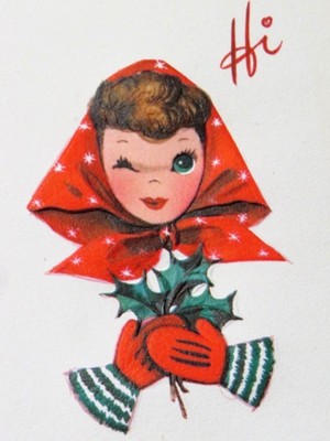 Vintage Christmas Card UNUSED MCM Pretty Winking Lady Starburst Hat Mittens