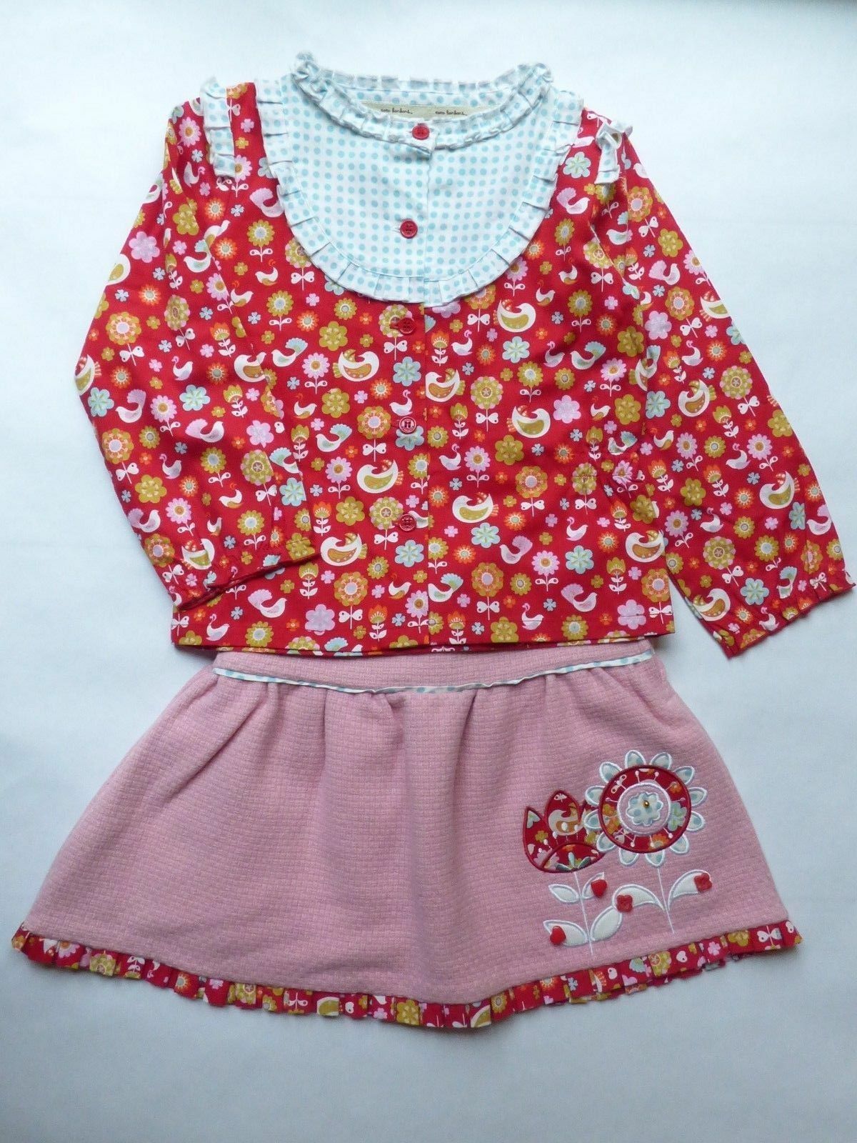 COCO BONBONS Chasing Fireflies Bird Pink Red Cotton Lou Lou Top Wool Skirt sz 6X