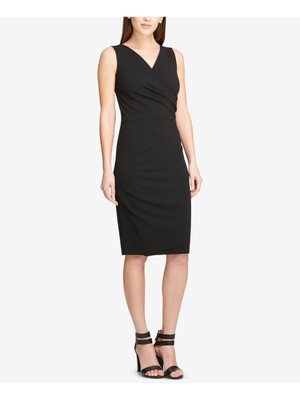 

DKNY Женское черное платье-футляр без рукавов с V-образным вырезом и рюшами на работу, Черный