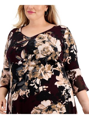 CONNECTED APPAREL Womens Burgundy Bell Sleeve Fit + Flare Dress Plus 18W