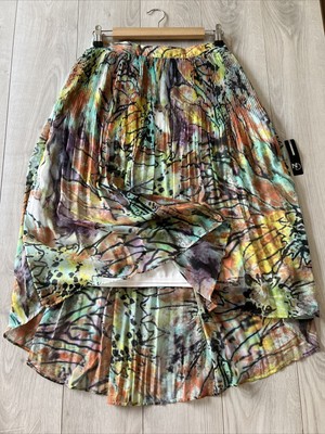 NWT New Direction Multi Colored Water Printed Pleat A-Line High-Low Skirt Sz S